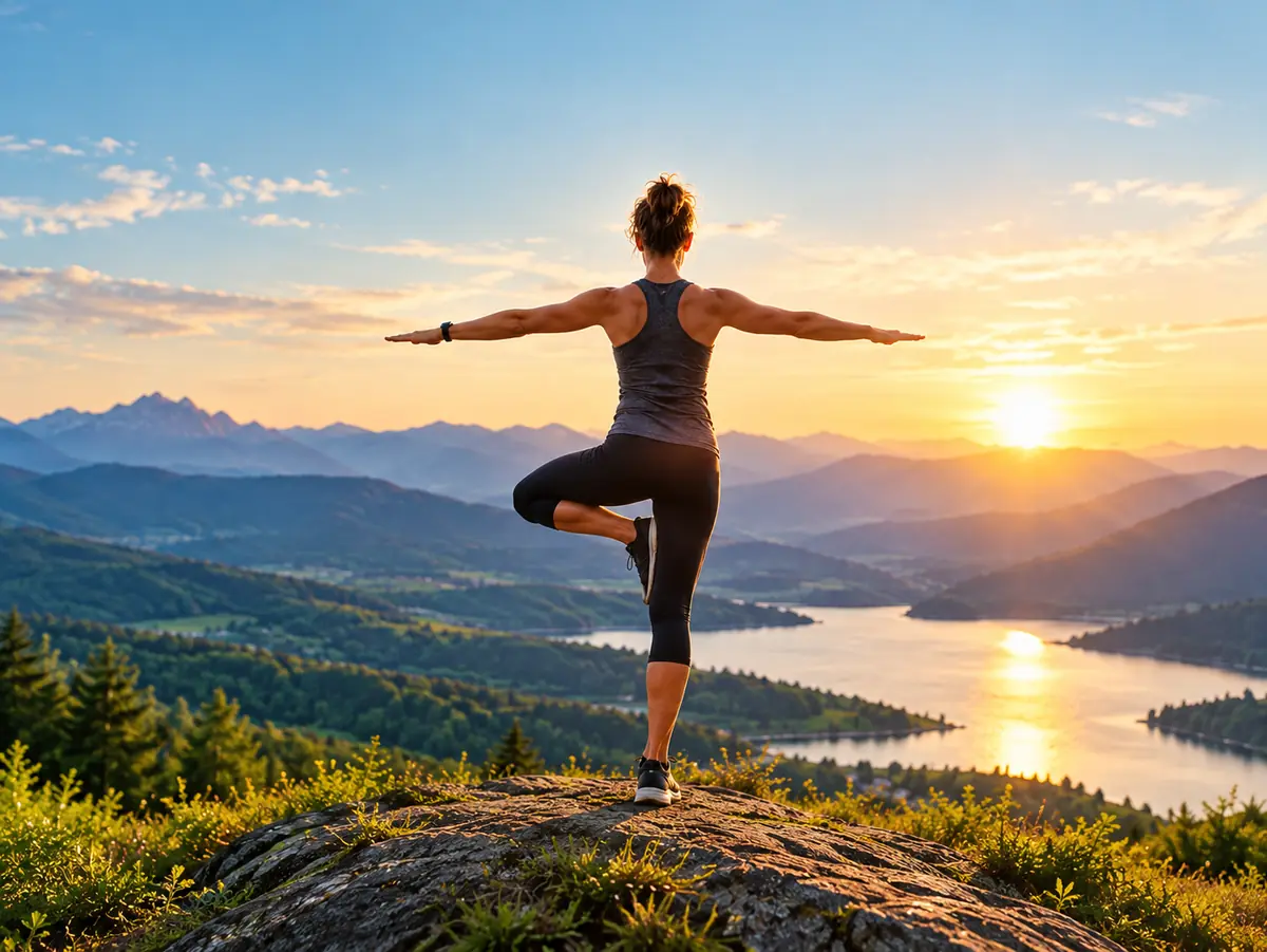 Körper in Balance (K.i.B.): Frau balanciert im Yoga-Baum auf einem Felsen vor Bergen und See bei Sonnenuntergang